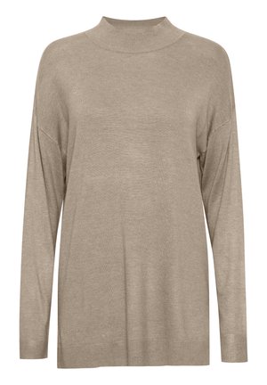 Beige lättviktsstol med hög hals, långa ärmar och en avslappnad passform. Tillverkad av mjukt material med en slät struktur.