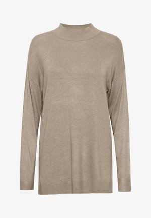 Beżowy lekki sweter z wysokim kołnierzem, długimi rękawami i luźnym krojem. Wykonany z miękkiego materiału o gładkiej fakturze.