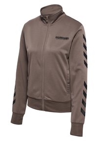 Brown high-neck athletic jacket made of smooth material, featuring a front zipper, side pockets, and black chevron accents on sleeves.