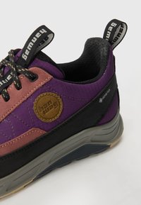Sapatilhas roxas e pretas com detalhes em rosa, tecido texturizado, sola de borracha e um logótipo circular. Apresenta um rótulo GORE-TEX na lateral.