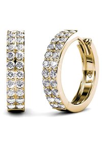 Gouden oorringen met een rij ronde heldere edelstenen die dicht bij elkaar zijn gezet, wat zorgt voor een gestructureerd oppervlak met een glanzende afwerking.