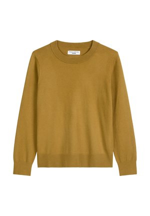 Mosterdgeel gebreide trui met lange mouwen, ronde halslijn, en geribbelde manchetten en zoom. Gladde textuur, eenvoudig ontwerp, zonder patronen of accenten.