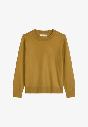 Senfgelber Strickpullover mit langen Ärmeln, rundem Halsausschnitt sowie gerippten Bündchen und Saum. Glatte Textur, schlichtes Design, keine Muster oder Akzente.