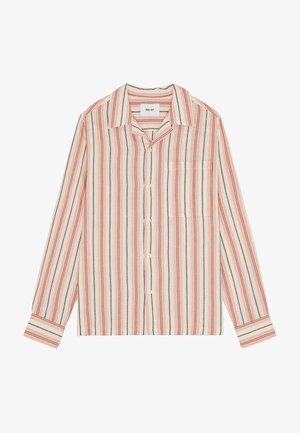 Striped long-sleeve shirt in light fabric. Features vertical orange, beige, and brown stripes, a collar, front pocket, and button closure.