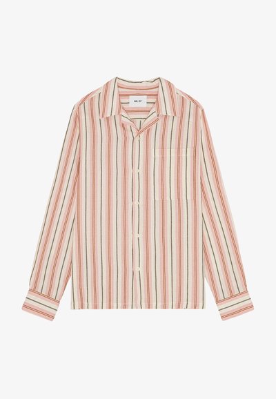 Stribet langærmet skjorte i let stof. Har lodrette orange, beige og brune striber, en krave, brystlomme og knaplukning.