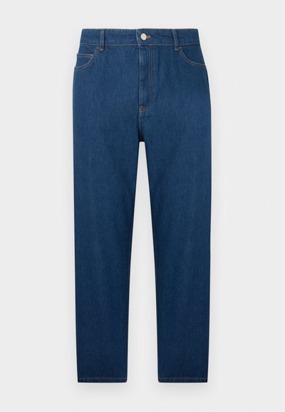 Σκούρα μπλε τζιν παντελόνια με ίσια γραμμή, μπροστινό κουμπί και φερμουάρ, σχεδιασμό με πέντε τσέπες και ορατό ράψιμο στη μέση και στις τσέπες.