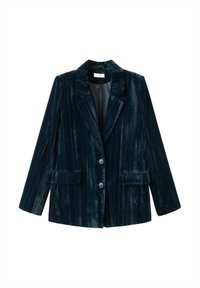 Sacou din catifea verde închis, cu reveruri dintate, două nasturi și buzunare frontale. Textură netedă și o siluetă bine definită.