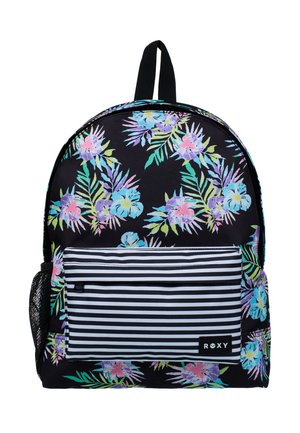 Rugzak met zwarte achtergrond, kleurrijke tropische bloemenprint, voorvak met zwart-witte strepen en zijvak van gaas.