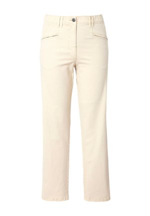 Beiget, suorat farkut, valmistettu puuvillakankaasta, joissa klassinen viisitaskuinen malli ja vetoketjullinen etuhalkio, jossa nappikiinnitys.