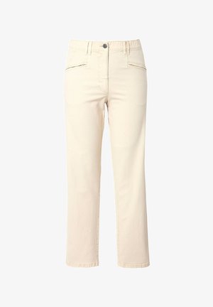 Beige jeans met rechte pijpen gemaakt van katoen, met een klassiek ontwerp met vijf zakken en een ritssluiting met knoop.