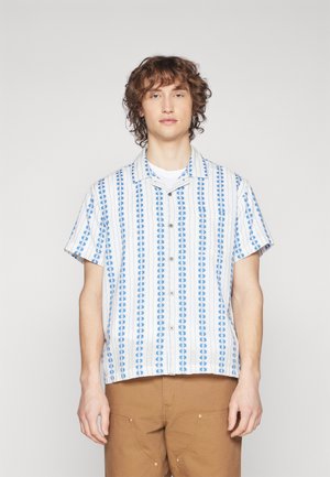 Short-sleeve button-up shirt with a white base, featuring blue floral patterns and vertical stripes. Lightweight fabric, relaxed fit.