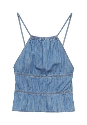 Lichtblauw denim mouwloos topje met dunne spaghettibandjes en elastische plooitjes bij de halslijn en taille.