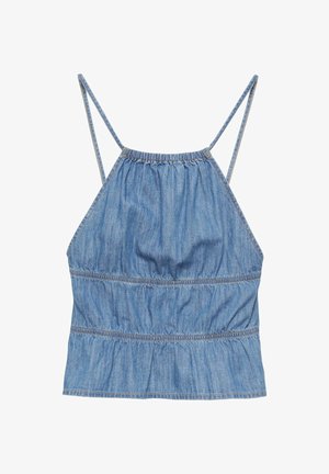 Világoskék farmer ujjatlan felső vékony spagettipántokkal és elasztikus ráncolással a nyakkivágásnál és a deréknál.