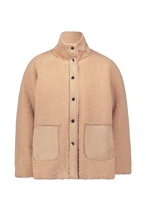 Helle beige Fleecejacke mit hohem Kragen, vorderem Druckverschluss und zwei großen Fronttaschen. Weiche Textur mit einem gemütlichen und warmen Erscheinungsbild.