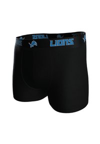 Czarne bokserki o miękkiej fakturze, z pasem w talii ozdobionym niebieskim napisem "LIONS" i logo lwa. Standardowy krój.