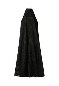 Zwarte jurk gemaakt van een gestructureerde stof met een bloemenpatroon. Halternek ontwerp, tot op de vloer, met een vloeiende silhouet.