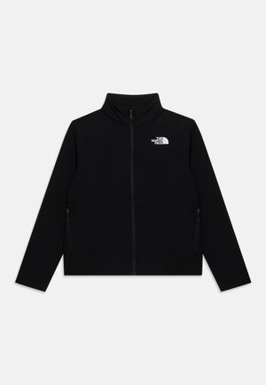 Sort fuld lynlås jakke med lange ærmer og stående krave, med et lille hvidt The North Face-logo på venstre bryst.