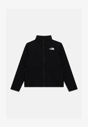 Chaqueta negra con cremallera completa, mangas largas y cuello alto, con un pequeño logo blanco de The North Face en el pecho izquierdo.
