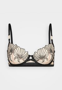 Black floral lace bra with a nude underlay, featuring intricate embroidery, adjustable straps, and a geometric, crisscross design at the front.