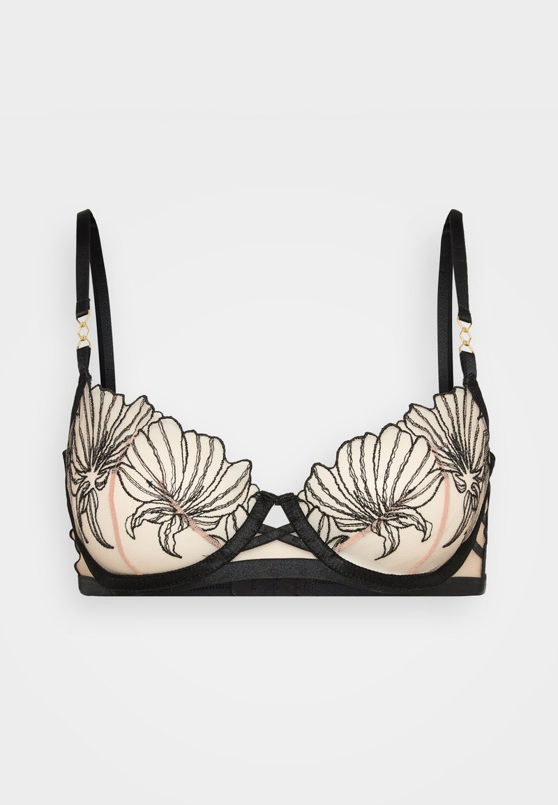 Black floral lace bra with a nude underlay, featuring intricate embroidery, adjustable straps, and a geometric, crisscross design at the front.