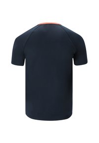 Navyblå kortärmad skjorta med rund halsringning, med en kontrasterande orange accent baktill. Slätt, lättviktsmaterial.