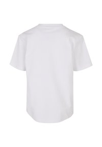 En enfärgad vit T-shirt med kort ärm, visad bakifrån med rund halsringning på en vit bakgrund.