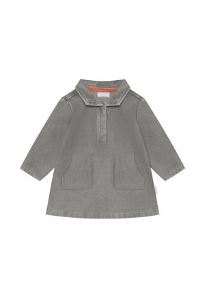 Graues Langarmkleid für Kleinkinder mit Kragen, Knopfleiste und zwei vorderen aufgesetzten Taschen, aus weichem Cordstoff gefertigt.