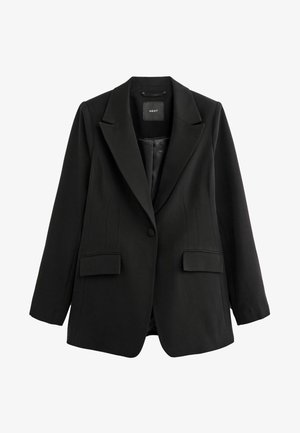 Černý blazer vyrobený z hladké tkaniny, se skládací klopou, dvěma předními kapsami, zapínáním na jeden knoflík a detaily na bočních švech.