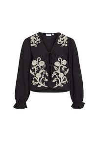 Blusa preta com decote em V e mangas longas bufantes, apresentando bordados florais brancos e um fecho com laço na parte da frente. Punhos com babados.