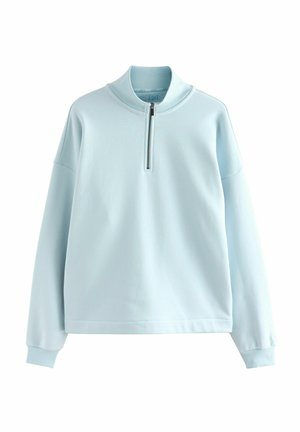 Light blue pullover sweatshirt made of soft fabric. Features a high collar with half zip and ribbed accents at the cuffs and hem.