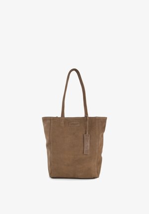 Brązowa torba na ramię wykonana z zamszu, z dwoma długimi uchwytami i małą zawieszką, etykieta marki "VENEZIA" przyszyta blisko górnego środka.