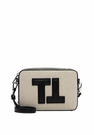 Torba na ramię z beżowej tkaniny z czarnymi skórzanymi akcentami. Posiada teksturowane logo "TL" z przodu, regulowany pasek oraz zamek błyskawiczny.