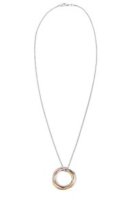 Silberne Kettenanhänger mit drei ineinandergreifenden Ringen in Silber-, Gold- und Roségoldtönen.
