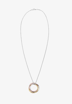 Zilveren ketting met drie in elkaar verstrengelde ringen in zilver, goud en roségoud als hanger.