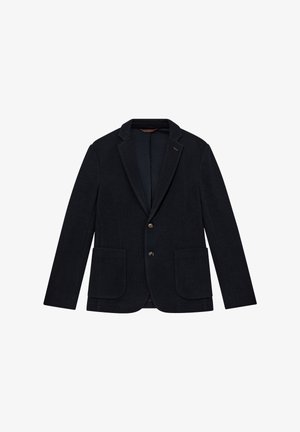 Black tailored blazer with two buttons, notch lapels, and large front patch pockets, shown flat on a white background.