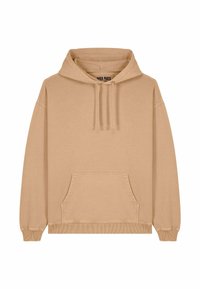 Hanorac bej cu glugă ajustabilă, buzunar frontal, manșete și tiv cu nervuri. Fabricat dintr-un material moale, având un design simplu și casual.