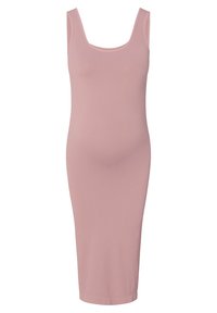 Robe midi côtelée en rose pâle avec rembourrage, présentant une encolure dégagée, une silhouette ajustée et un tissu extensible pour le confort.