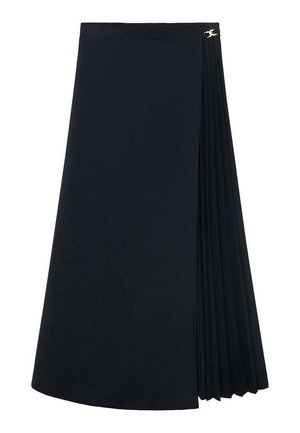 Black pleated skirt made of smooth fabric. Features a waistband with a decorative metallic accent and a flowing A-line shape.