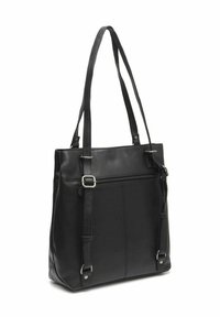 Borsa a spalla in pelle nera con due manici, dettagli in fibbia argentata e tasca con zip orizzontale sul fronte.