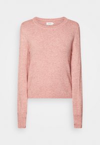 Rosa gestrickter Pullover, Rundhalsausschnitt, lange Ärmel, gerippte Bündchen und Saum, weiche Textur, lässiges Design, leichtes Material.
