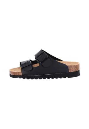 Sandalo nero aperto con due cinturini regolabili con fibbia e soletta in sughero su suola nera scanalata.