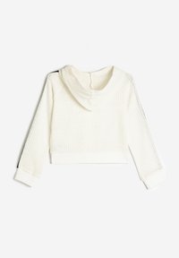 Sweatshirt court léger blanc avec capuche, présentant un motif en tricot texturé, des manches longues et des poignets côtelés.