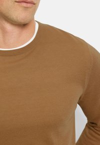 Brauner Pullover aus Strickstoff, mit einem runden Ausschnitt und einem weißen inneren Kragen. Glatte Textur, taillierte Passform und lange Ärmel.