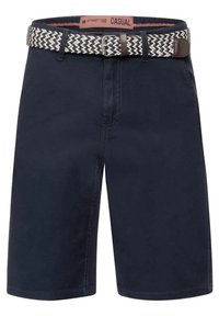 Marineblauwe katoenen shorts met een geweven elastische riem met een zigzagpatroon. Bevat standaardpockets en riemlussen.