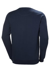 Sweatshirt bleu marine à manches longues en tissu doux, doté d'un col rond et d'un ourlet côtelé. Texture lisse avec des détails de couture minimaux.