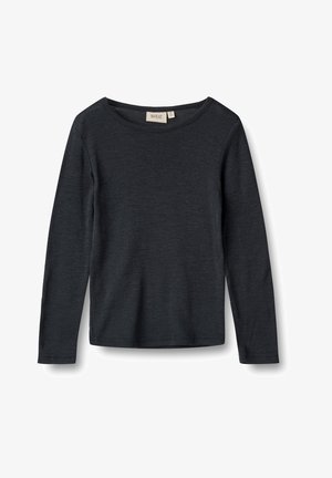 Pika varrukatega, ümmarguse kaelusega tumedashall särgi. Pehme kangas koos õrna tekstuuriga. Sirge äär, ilma kaunistuste või mustriteta. Brändi silt on nähtav.