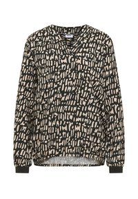 Langærmet top i sort med beige abstrakt mønster. Har en V-udskæring og ribstrikkede manchetter. Blødt stof med løs pasform og sænket kant.