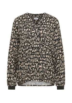 Top de manga larga en negro con un patrón abstracto beige. Presenta un escote en V y puños acanalados. Tela suave con un ajuste suelto y dobladillo caído.