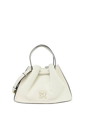 Borsa bianca in pelle con manici corti, tracolla staccabile e logo "ER" in rilievo dorato sul davanti.