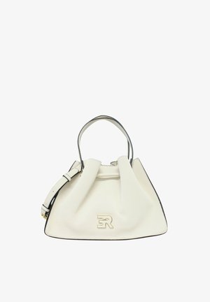 Borsa bianca in pelle con manici corti, tracolla staccabile e logo "ER" in rilievo dorato sul davanti.